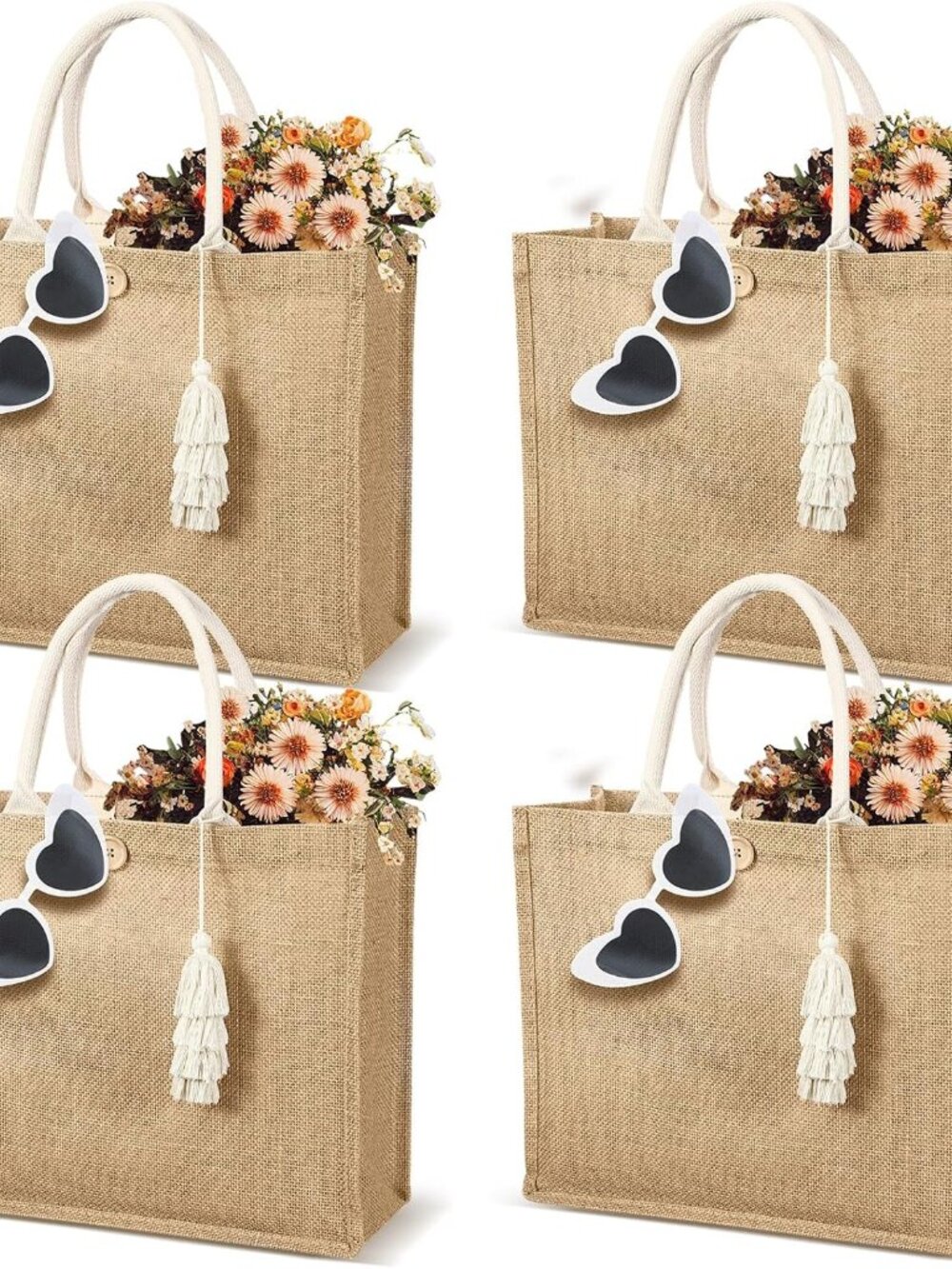 4 Pack Burlap Tote Bags for Women Bridesmaid Jute Gift Bag with Handles and Tass